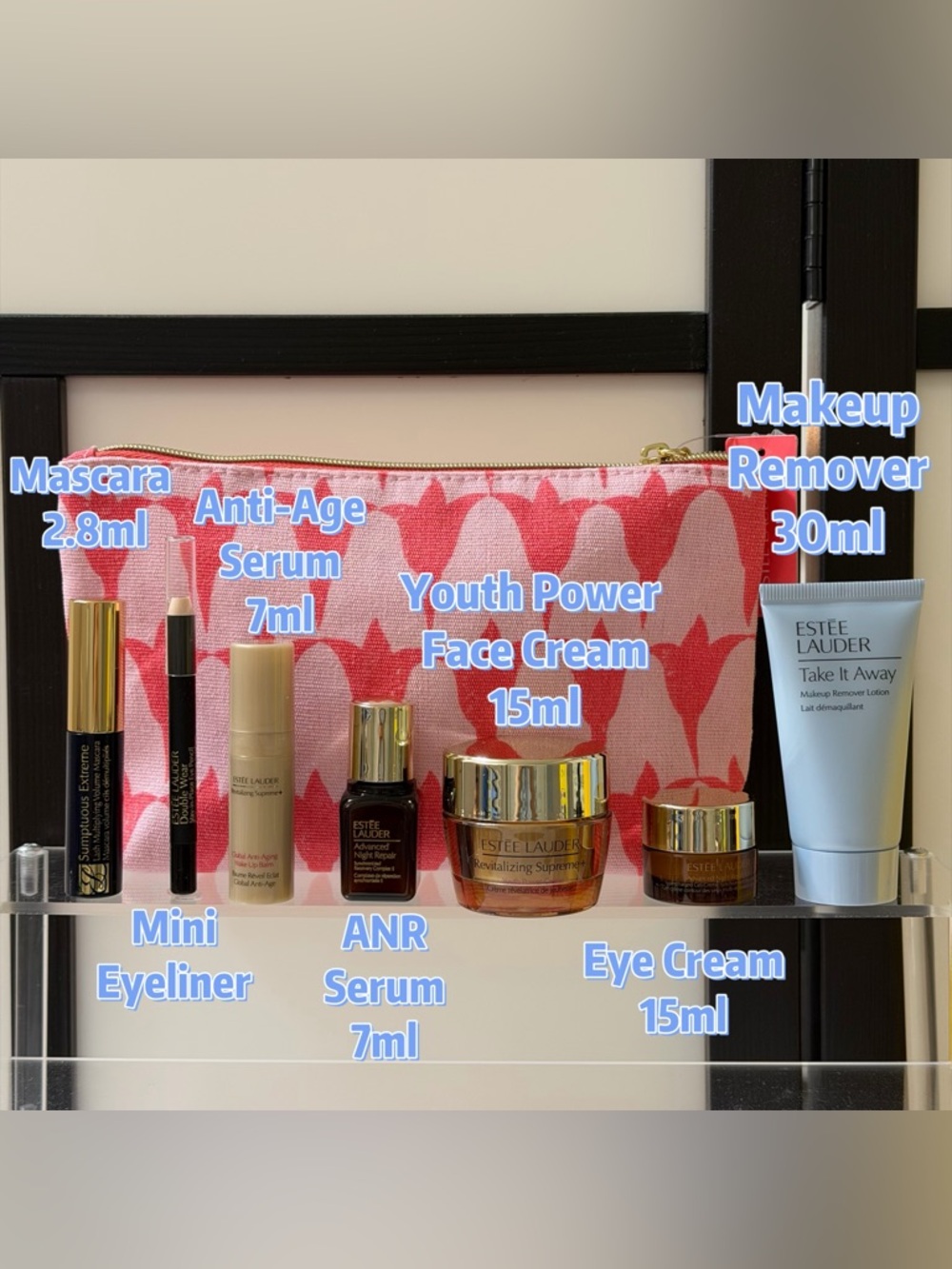Estee Lauder Pink Patterned Pouch with Skincare Minis